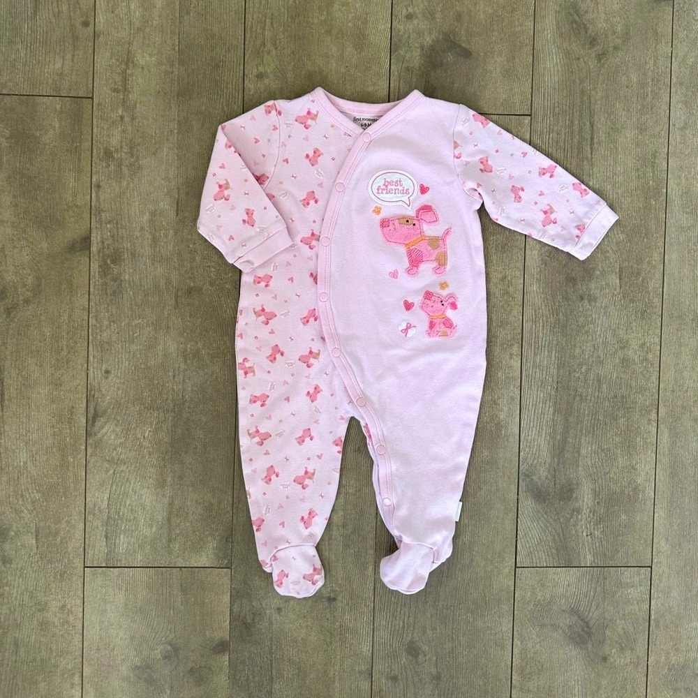 First moments adorable 6-9 month baby girl dog button snap footies sleep play